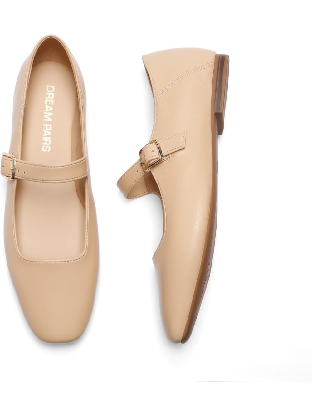 〽️Women's Mary Jane Flats Nude Faux Leather Comfortable Square Toe Buckle Strap